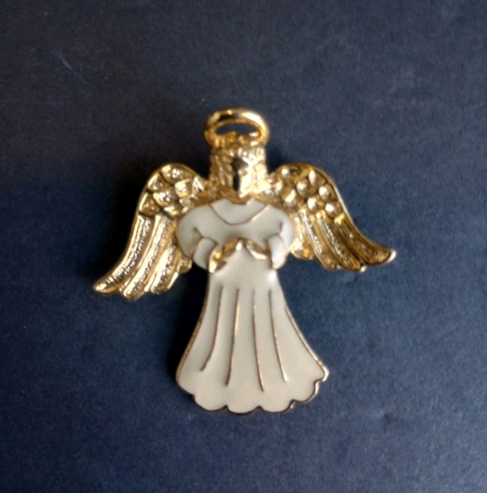 Vintage Angel Brooch SFJ Gold tone Metal with White Enamel